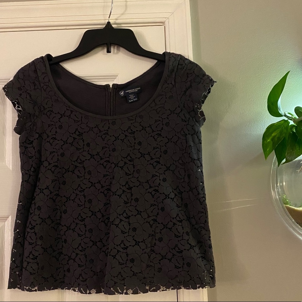 American Eagle Dark Gray Lace Overlay Short Sleeve Shirt XS Dressy Casual